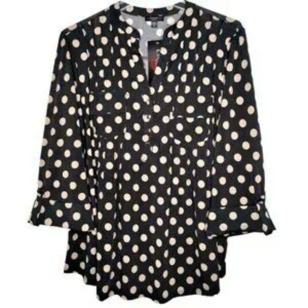 Cocomo Women's  Plus Size 2X Black & Tan Polka Dot Pintucked 3/4 Sleeve Top